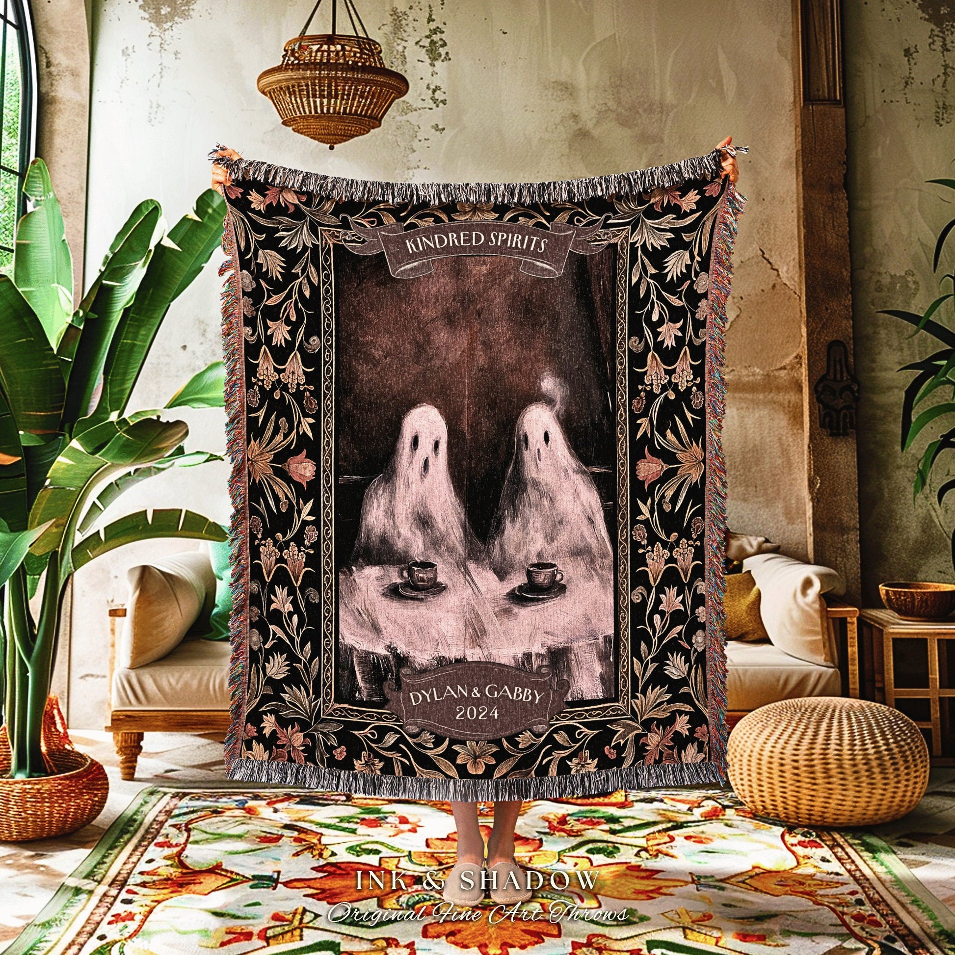 Witchy Ghost Friends 'Kindred Spirits' Blanket | Custom Gothic Best Friend Tapestry Woven Throw Whimsigoth Personalized Gifts for Bestie |