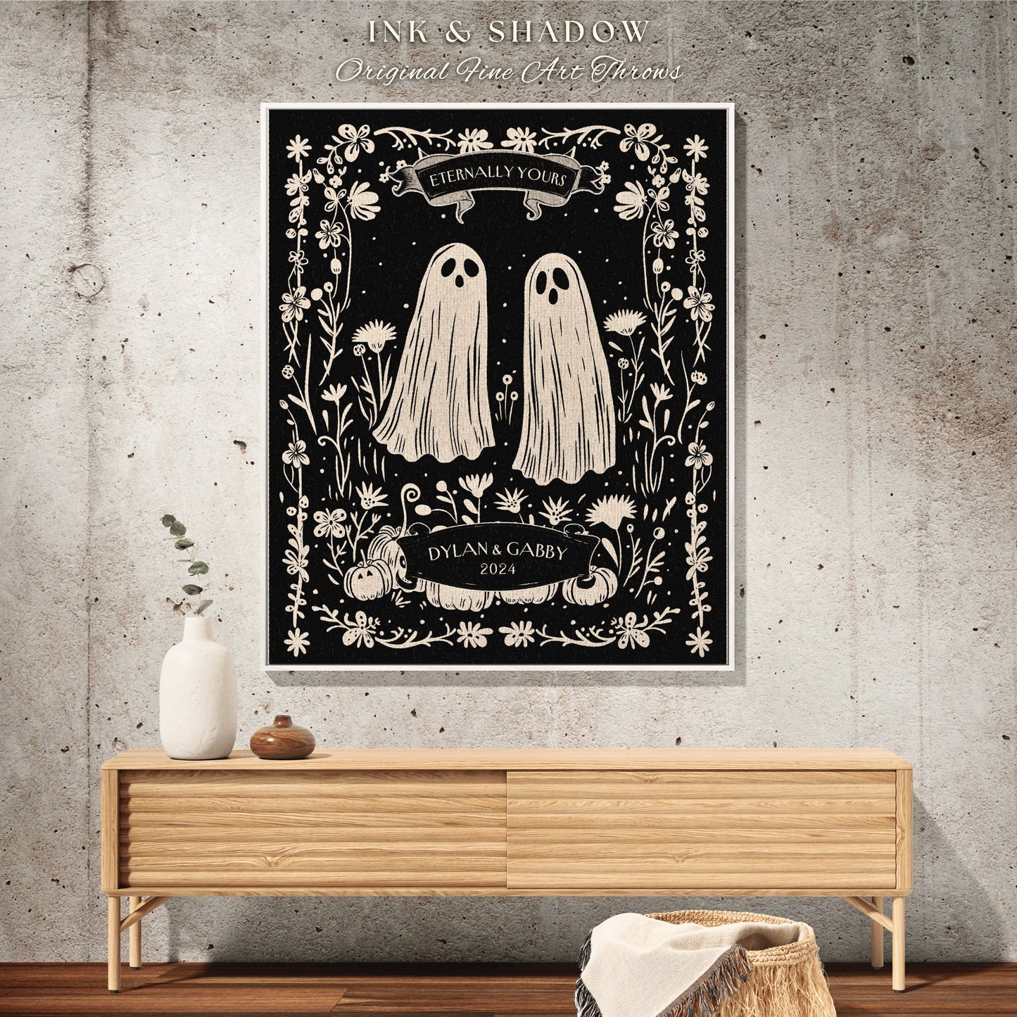 Cute Celestial Ghost Blanket Personalized | Dark Academia Custom Ghost Couple Tapestry Woven Throw His & Her Gift for Girlfriend Meaningful