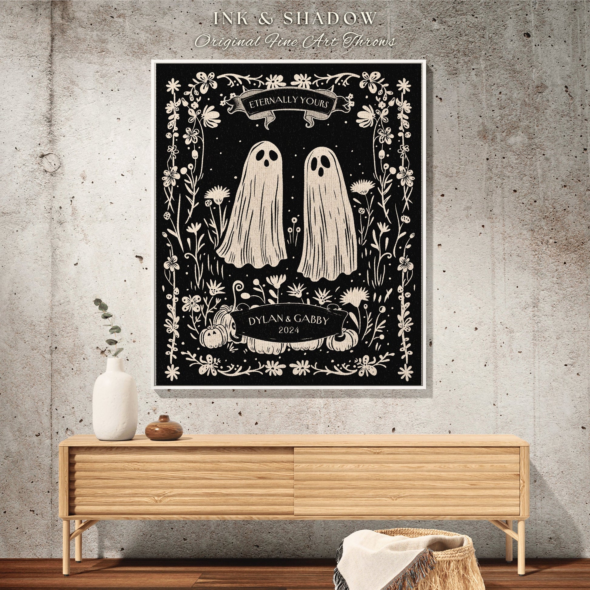 Cute Celestial Ghost Blanket Personalized | Dark Academia Custom Ghost Couple Tapestry Woven Throw His & Her Gift for Girlfriend Meaningful