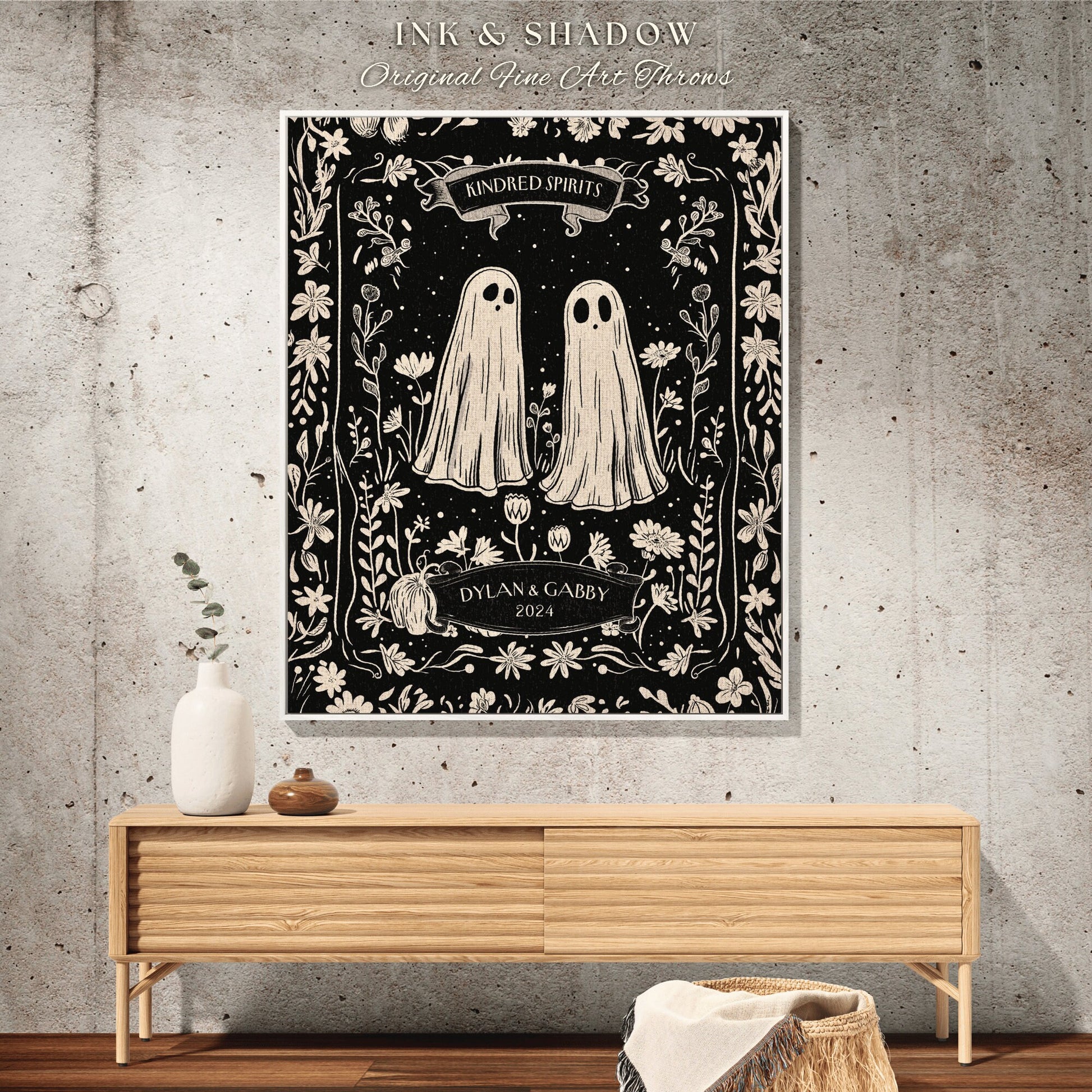 Cozy Folklore Ghost Couple Blanket | Personalized Dark Cottagecore Custom Ghost Lovers Tapestry Woven Throw His & Her Gift for Wife Cute |