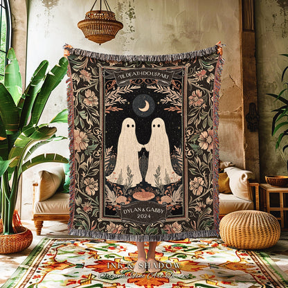 Boho Ghost Couple 'Till Death Do Us Part' Tapestry | Personalized Gothic Wedding Blanket Woven Ghost Gifts His & Hers Anniversary Gifts |