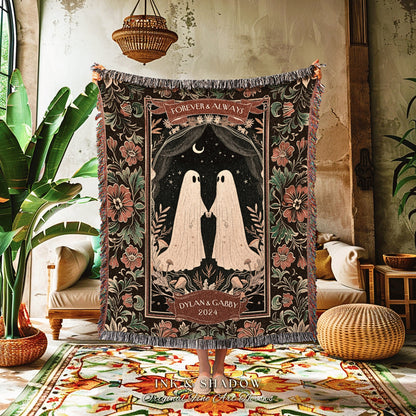 Dark Floral Ghost Lovers Custom Blanket | Kindred Spirits Personalized Gothic Wedding Blanket Woven Ghost Gift for Girlfriend Gothic Decor |