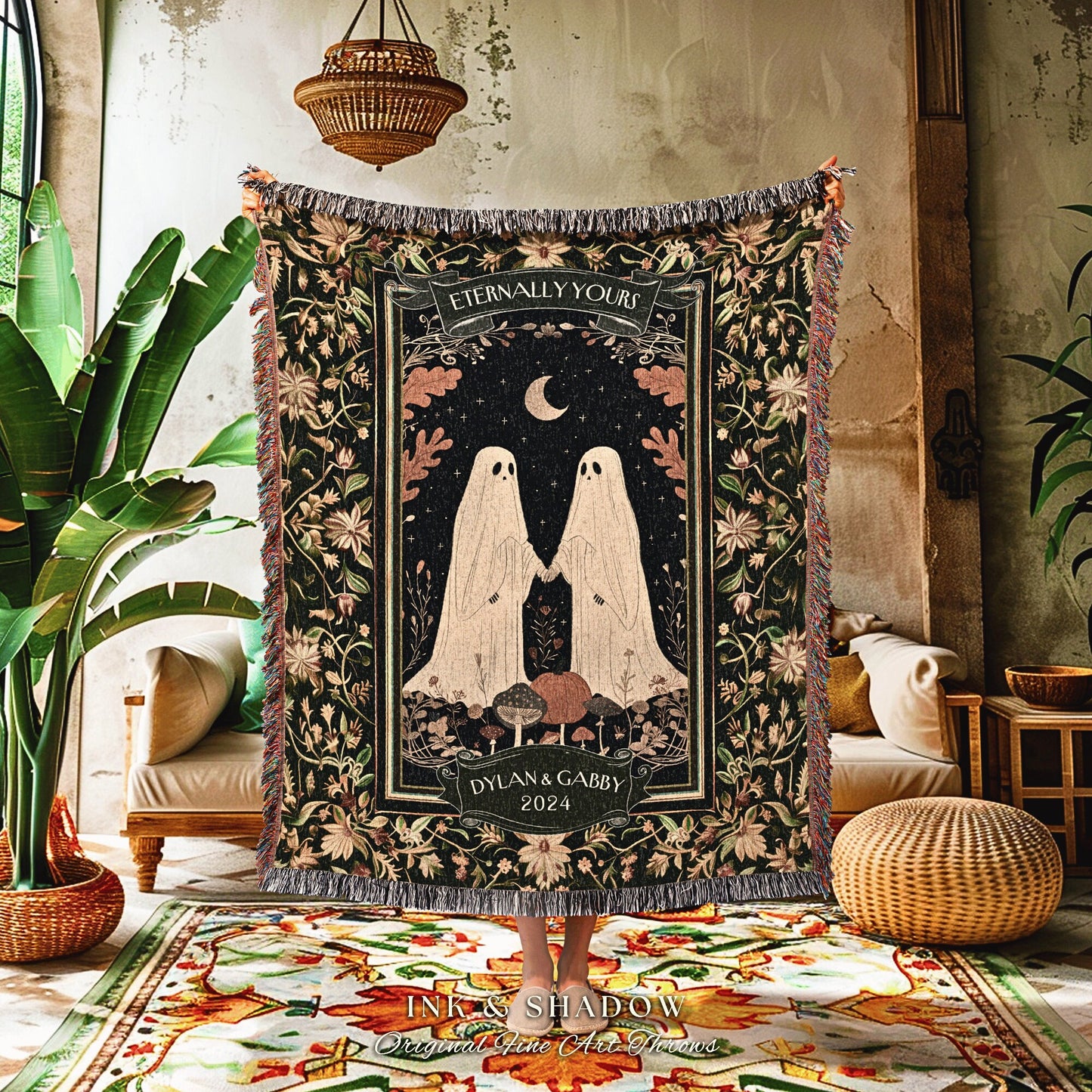 Whimsigoth Ghost Couple Custom Blanket | Kindred Spirit Personalized Gothic Wedding Blanket Woven Ghost Gift for Girlfriend Gothic Aesthetic