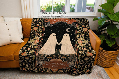 Celestial Ghost Couple Anniversary Blanket | Kindred Spirits Personalized Gothic Wedding Blanket Woven Ghost Gifts His & Hers Custom Gifts |