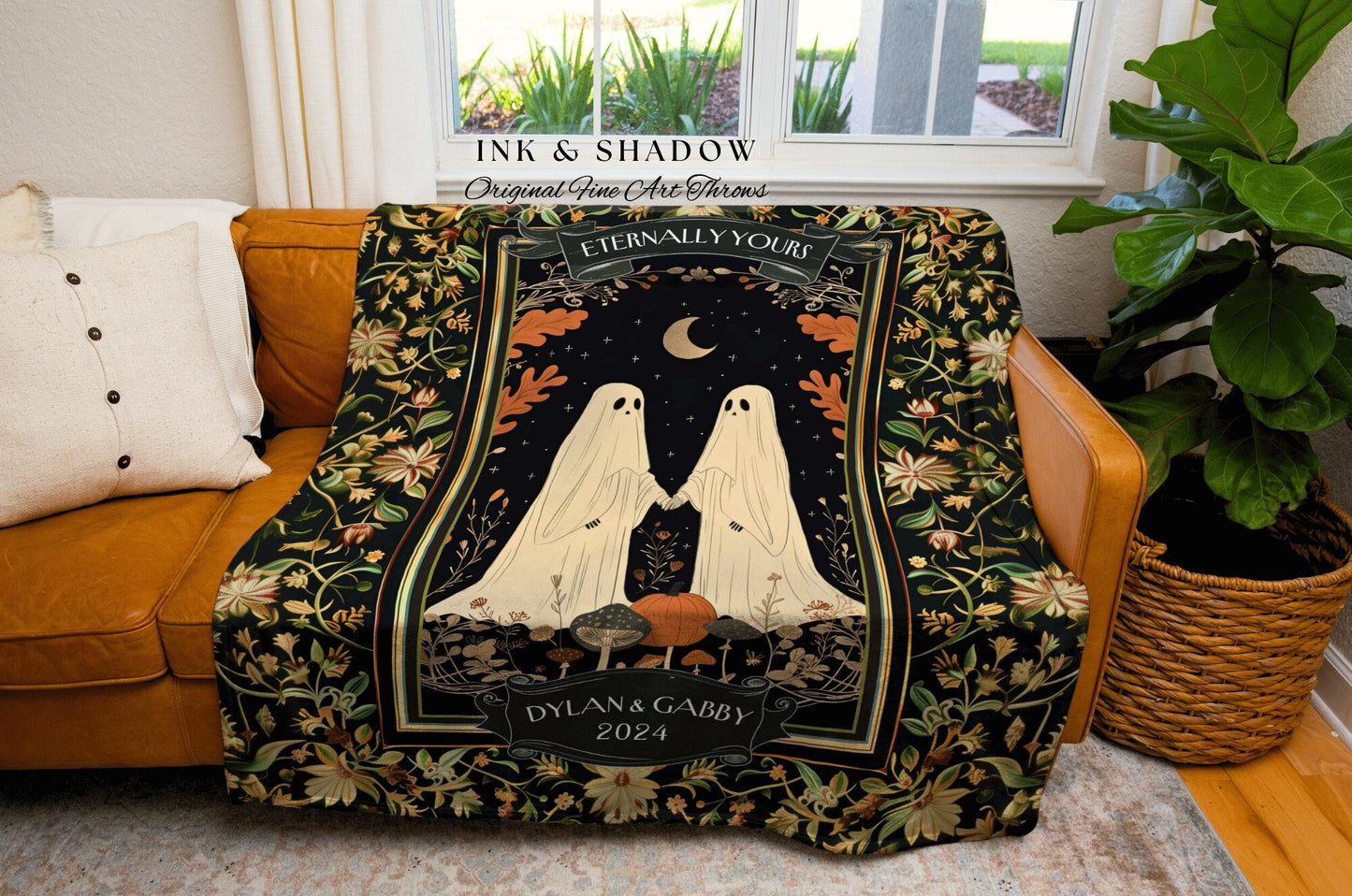 Whimsigoth Ghost Couple Custom Blanket | Kindred Spirit Personalized Gothic Wedding Blanket Woven Ghost Gift for Girlfriend Gothic Aesthetic