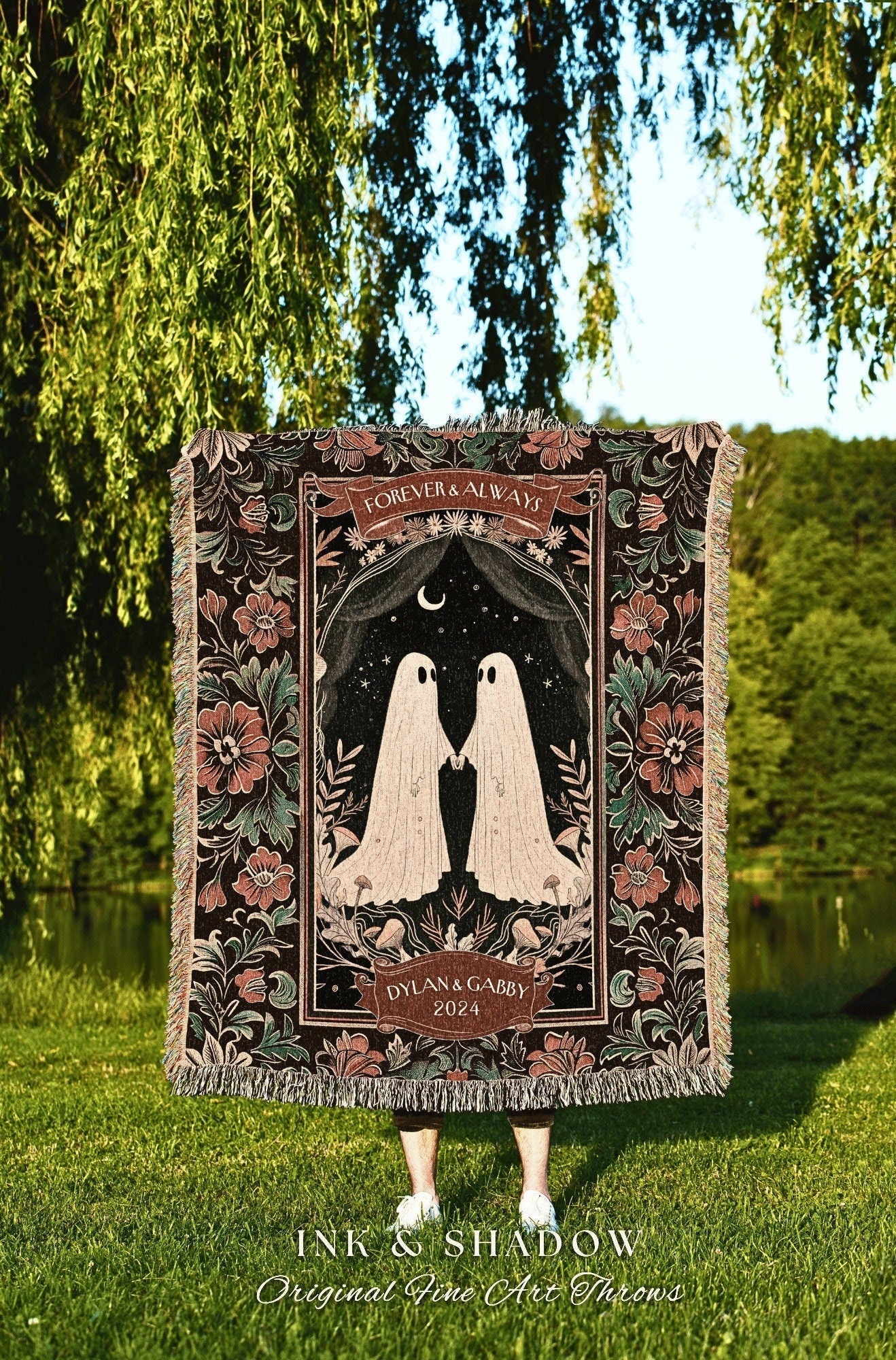 Dark Floral Ghost Lovers Custom Blanket | Kindred Spirits Personalized Gothic Wedding Blanket Woven Ghost Gift for Girlfriend Gothic Decor |