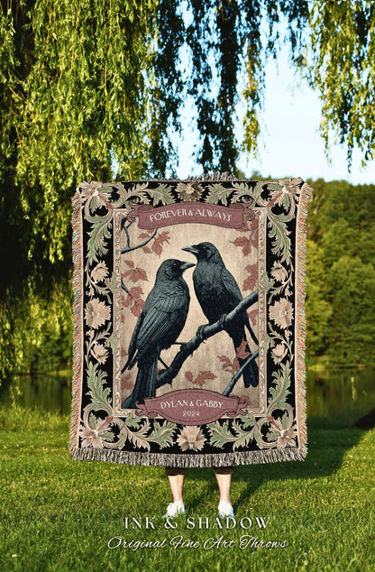 Dark Academia Crow Couple Cozy Throw | Crow Core Aesthetic Witchy Blanket Woven Custom Name Gift Tapestry Victorian Gothic Dark Floral |