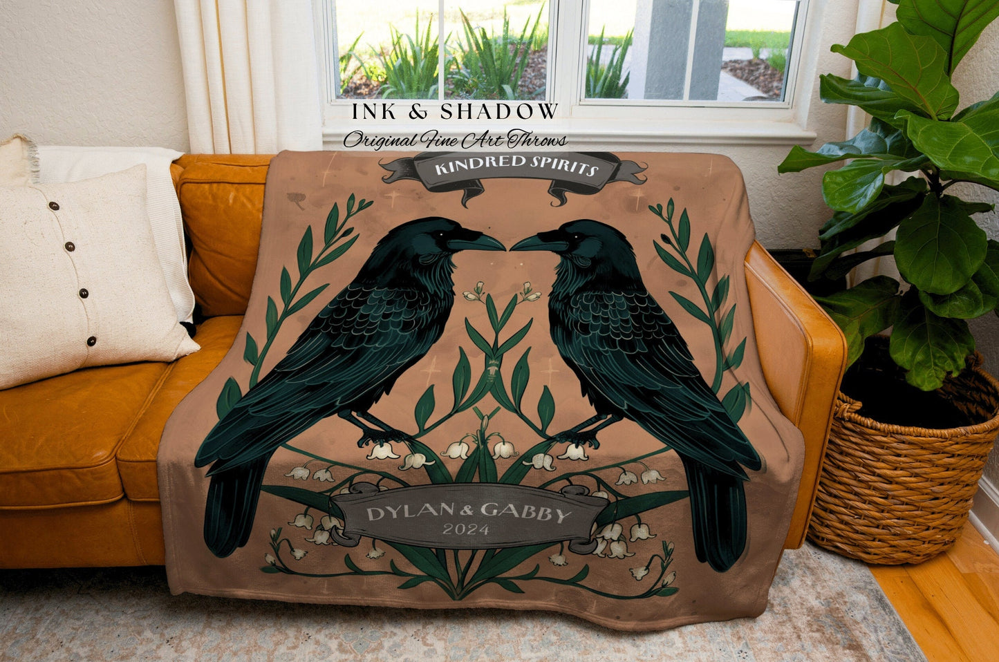 Witchy Raven Couple Custom Picnic Blanket | Crowcore Couple Dark Academia Aesthetic Gothic Throw Custom Name Gift Tapestry Minimalist Decor