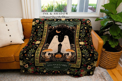 Woodland Gothic Ghost Couples Blanket | Cottagecore Custom Gothic Mushroom Tapestry Woven Throw Whimsigoth Personalized Gifts for Partner |