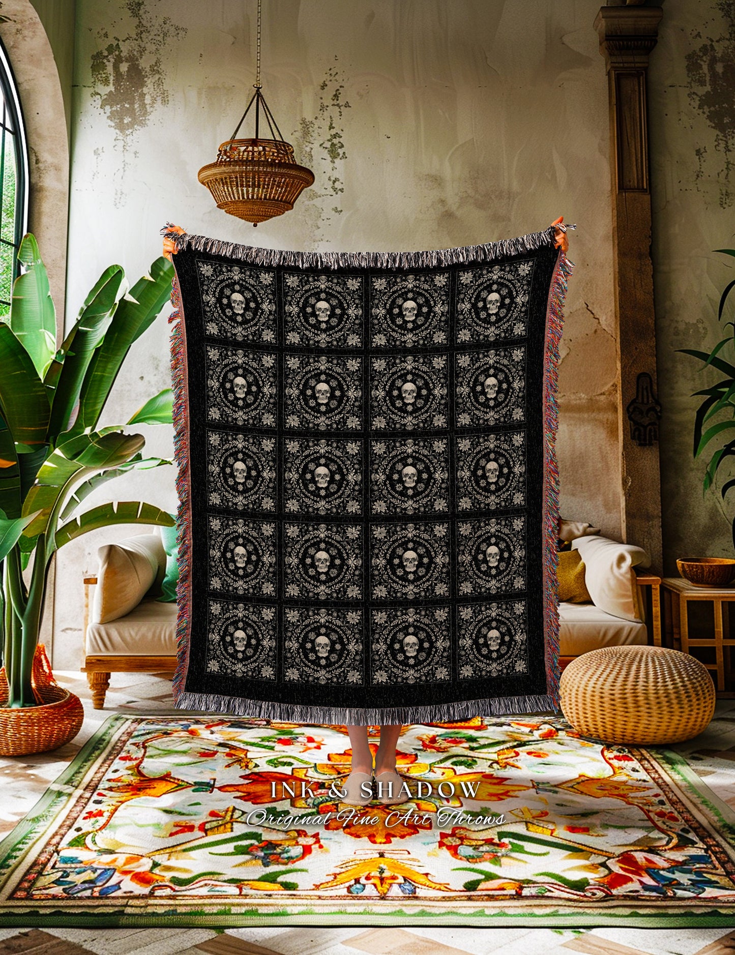 Floral Skull Throw Victorian Gothic Woven Blanket Halloween Aesthetic Goth Blanket Cotton Woven Throw Fall Decor Dark Cottagecore Tapestry