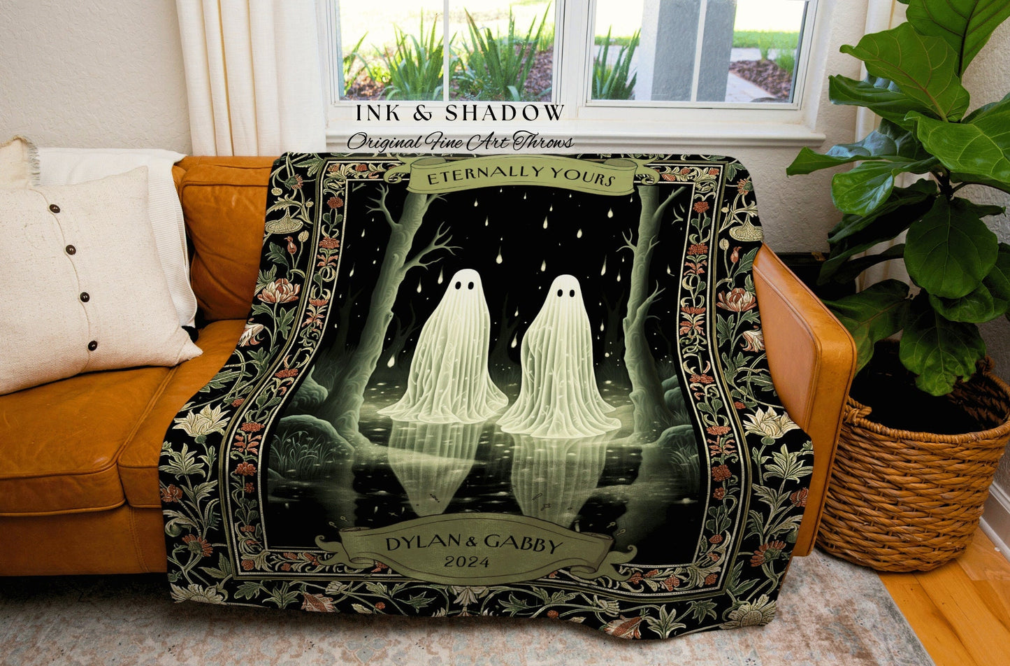 Dark Forest Ghost Couple Custom Blanket | Kindred Spirits Personalized Gothic Wedding Tapestry Woven Throw Whimsigoth Gift for Boyfriend |