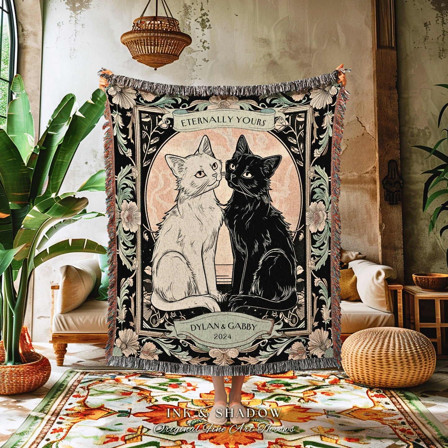 Retro Gothic Cat Couple Custom Tapestry | Vintage Witchy Aesthetic Woven Throw Custom His & Hers Tarot Gift for Cat Lover Personalized |