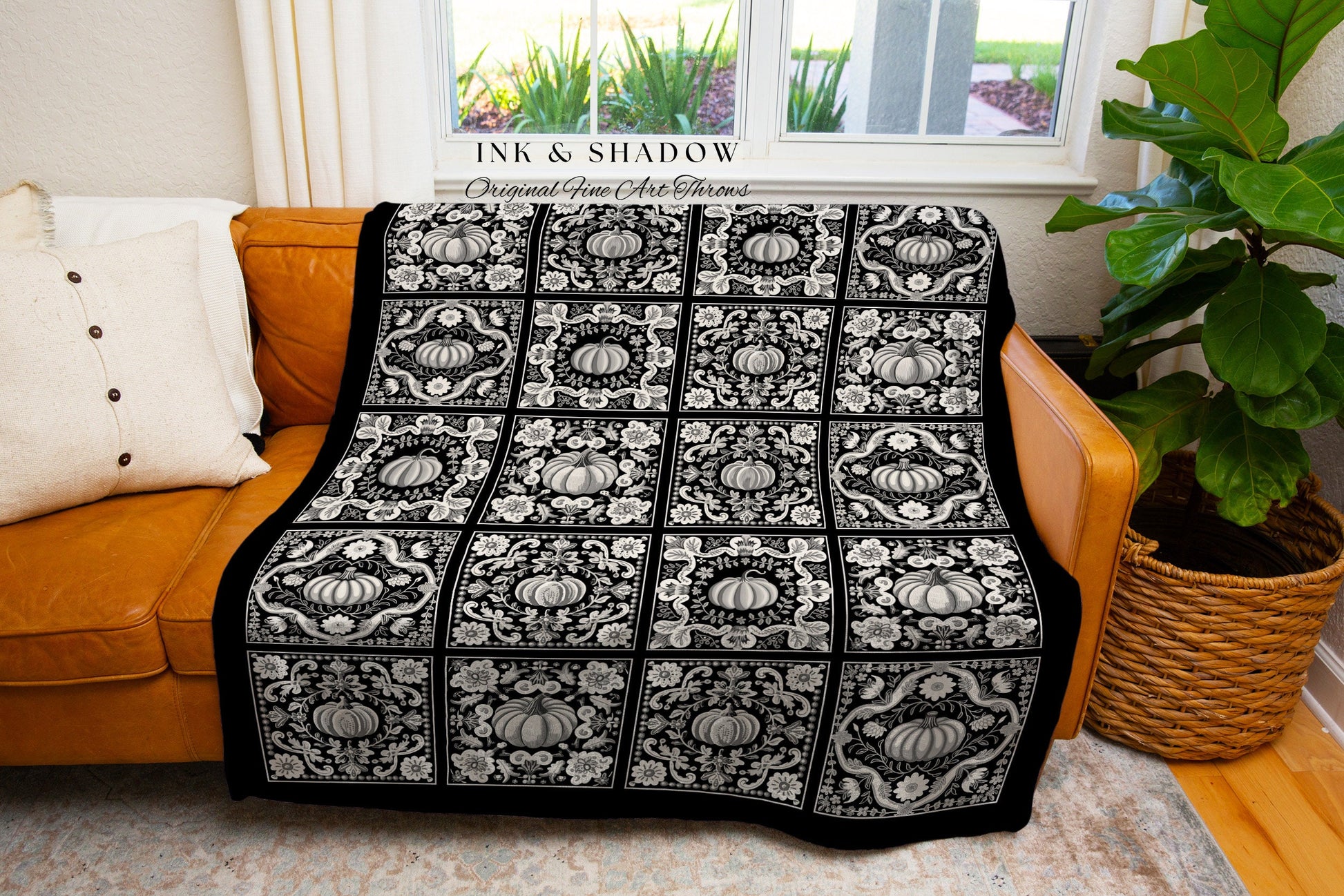 Whimsigothic Pumpkin Throw Blanket Woven Dark Cottagecore Tapestry Vintage Aesthetic Halloween Retro Gothic Black White Blanket Fall Gifts