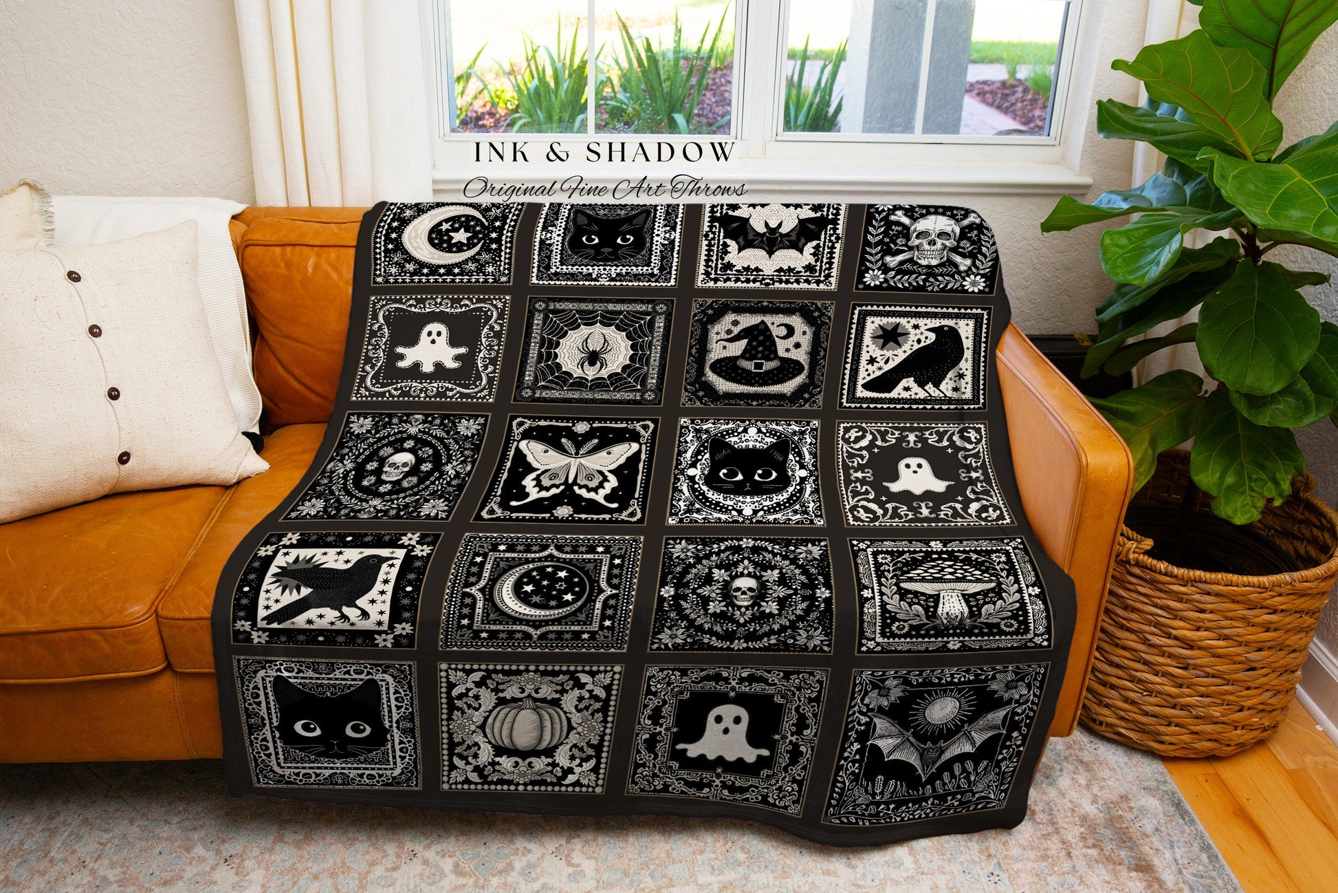 Witchy Woven Cotton Throw Spooky Creepy Witch Blanket Cute Halloween Tapestry Scary Spooky Season Nights Gift for Goths Dark Aesthetic Decor