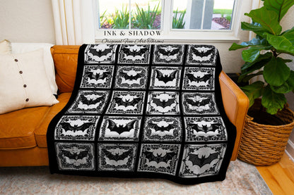 Black & White Witchy Bat Blanket | Spooky Aesthetic Retro Halloween Tapestry Dark Cottagegoth Wall Art Spooky Season Decor Bat Gift Cozy |