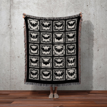 Black & White Witchy Bat Blanket | Spooky Aesthetic Retro Halloween Tapestry Dark Cottagegoth Wall Art Spooky Season Decor Bat Gift Cozy |