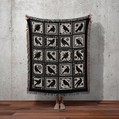 Retro Gothic Crow Tapestry Blanket | Witchy Cottagecore Woven Tapestry Raven Halloween Home Decor Crowcore Woven Gothic Aesthetic Bedroom |