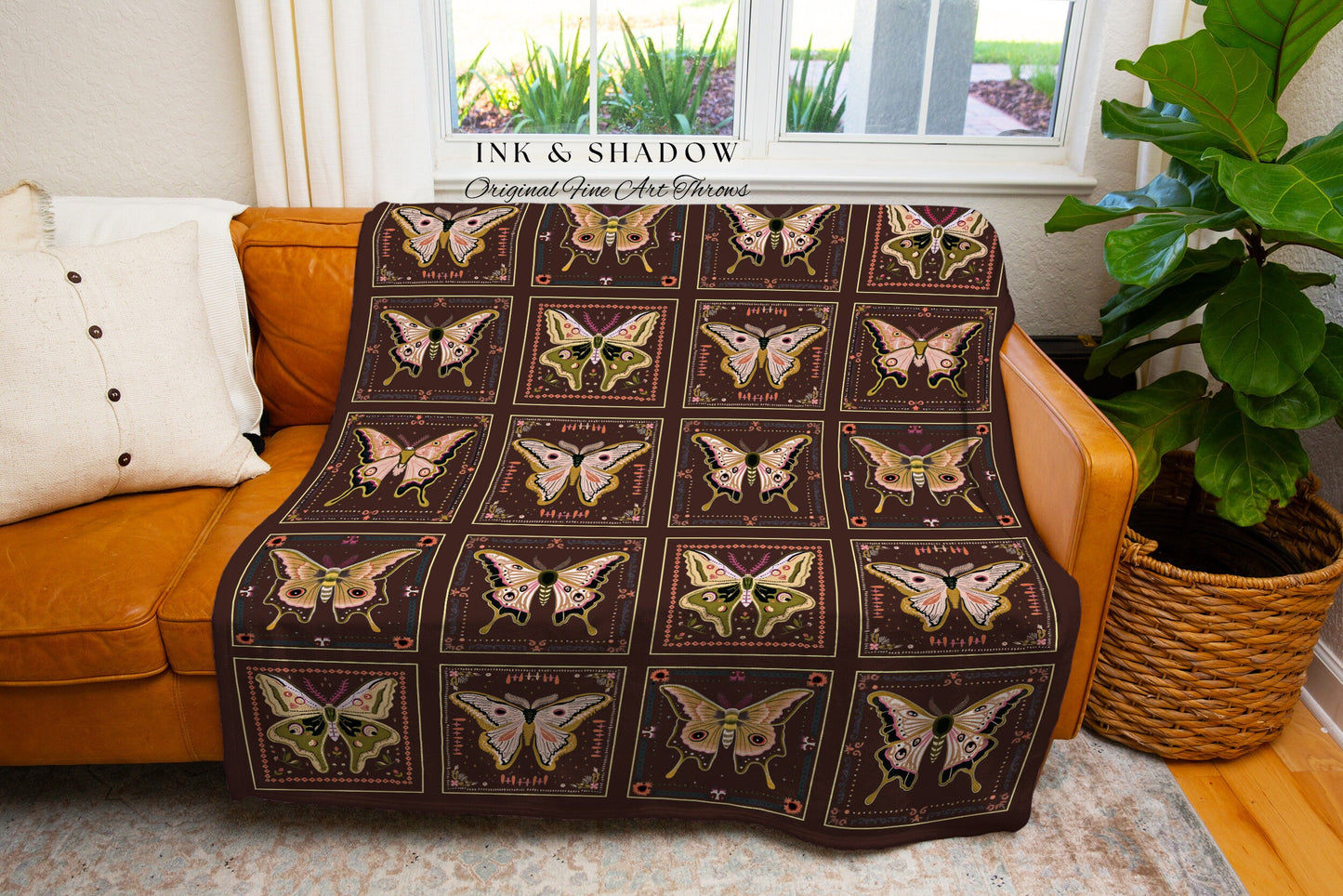 Whimsical Moth Blanket Woven Throw Dark Academia Luna Moth Art Gothic Home Decor Bohemian Bedding, Cozy Goth Cottagecore Tapestry Fall Gifts