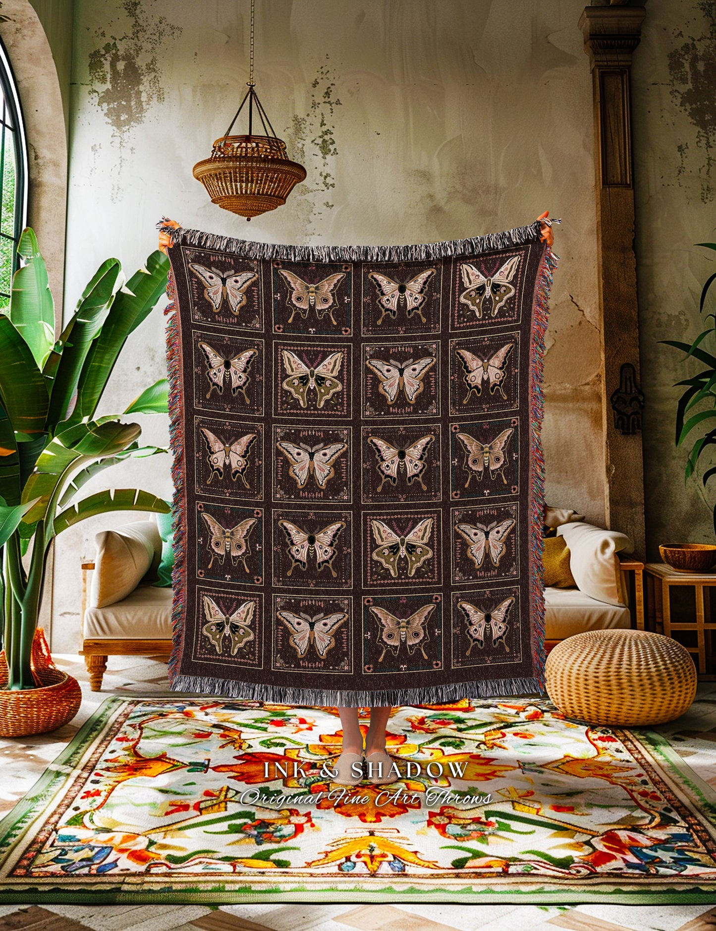 Whimsical Moth Blanket Woven Throw Dark Academia Luna Moth Art Gothic Home Decor Bohemian Bedding, Cozy Goth Cottagecore Tapestry Fall Gifts