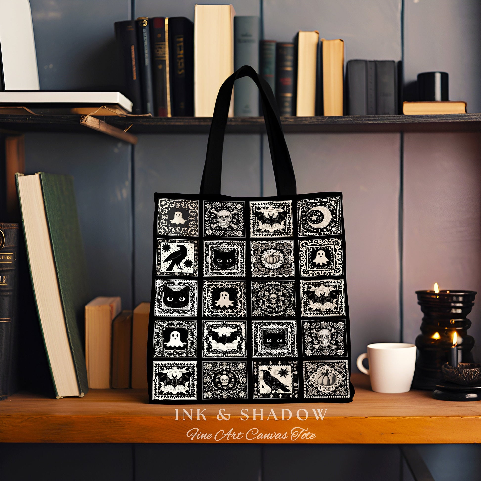 Witchy Aesthetic Shoulder Tote Bag | Dark Cottagecore Gothic Cat Lover Woven Tote Bag Retro Halloween Tapestry Bag Goblincore Gift for Goth