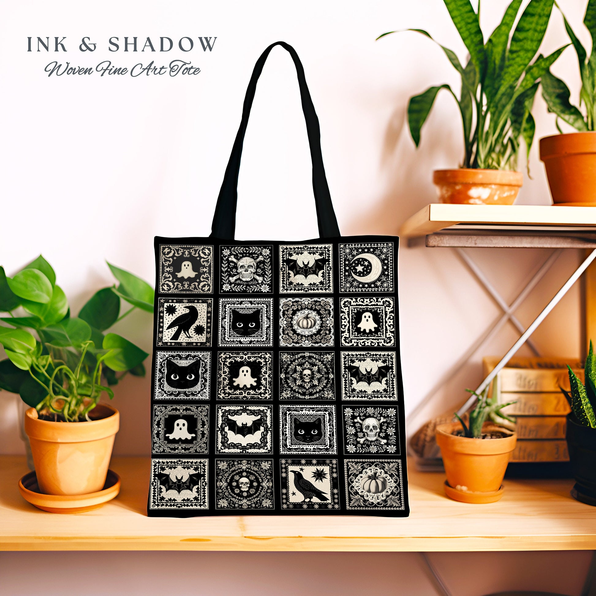 Witchy Aesthetic Shoulder Tote Bag | Dark Cottagecore Gothic Cat Lover Woven Tote Bag Retro Halloween Tapestry Bag Goblincore Gift for Goth