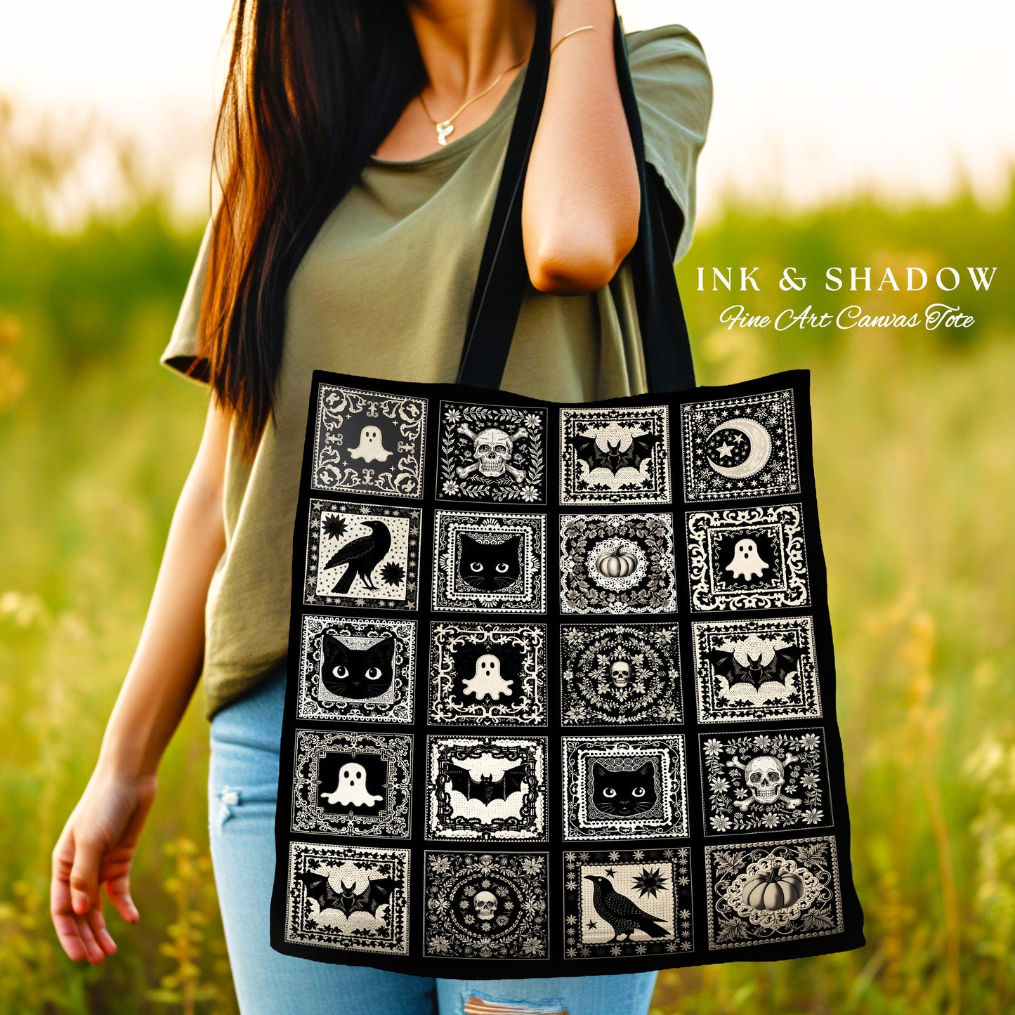 Witchy Aesthetic Shoulder Tote Bag | Dark Cottagecore Gothic Cat Lover Woven Tote Bag Retro Halloween Tapestry Bag Goblincore Gift for Goth