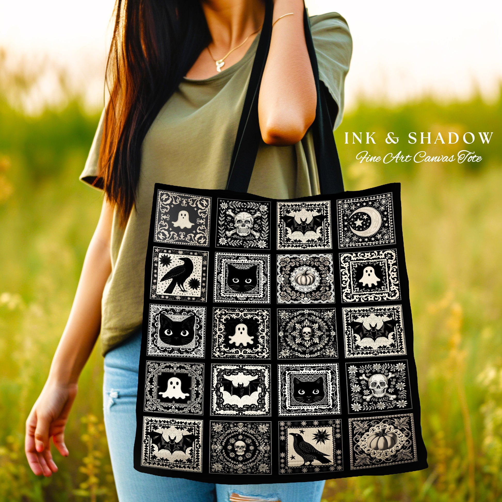 Witchy Aesthetic Shoulder Tote Bag | Dark Cottagecore Gothic Cat Lover Woven Tote Bag Retro Halloween Tapestry Bag Goblincore Gift for Goth