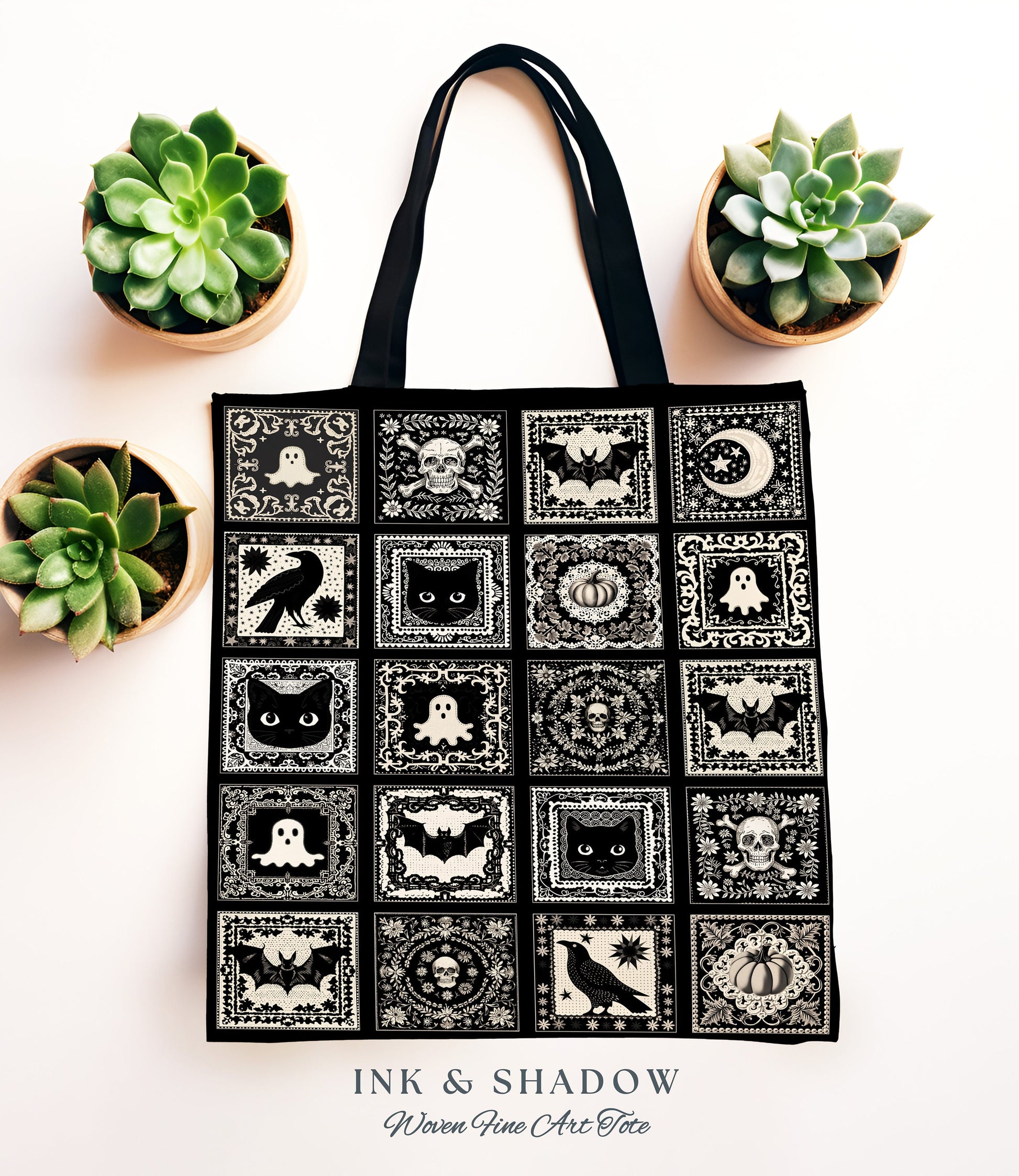 Witchy Aesthetic Shoulder Tote Bag | Dark Cottagecore Gothic Cat Lover Woven Tote Bag Retro Halloween Tapestry Bag Goblincore Gift for Goth