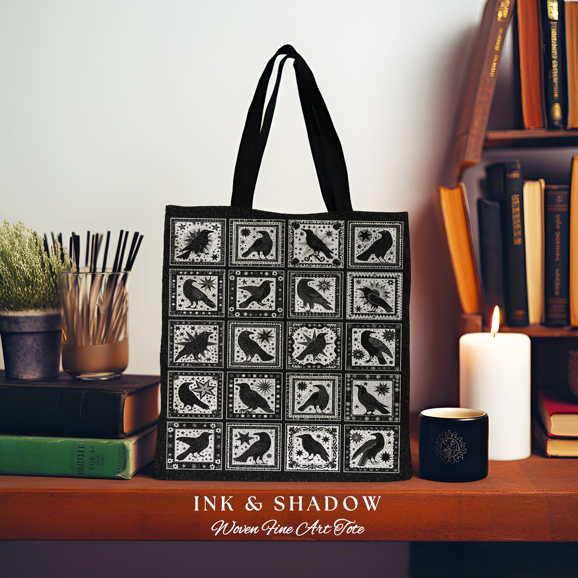 Retro Gothic Crow Tapestry Bag | Witchy Cottagecore Woven Tote Raven Halloween Lover Crowcore Gothic Accessory Spooky Aesthetic Everyday Bag