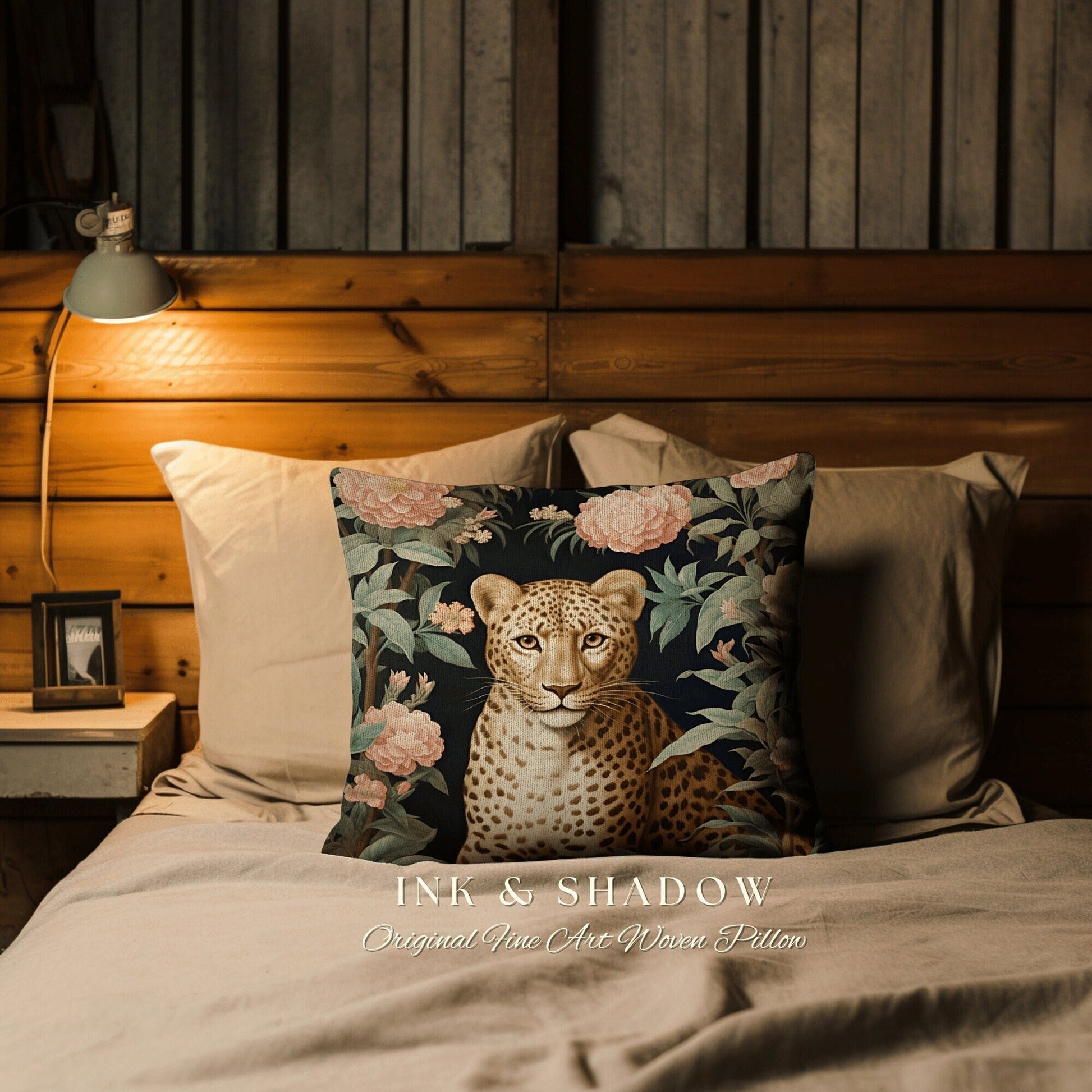 Cheetah Floral Throw Pillow | Dark Academia Tapestry Pillow William Morris Cushion Woodland Gothic Botanical Jungle Aesthetic Leopard Decor