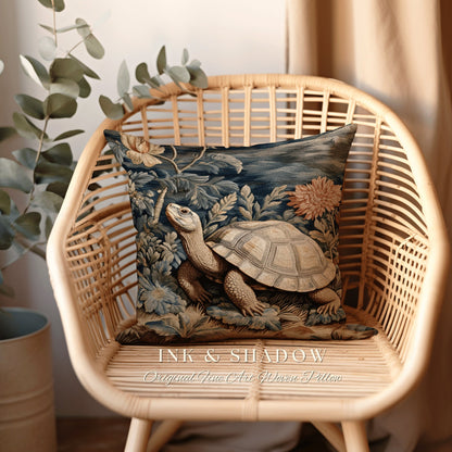 Moody Tortoise Pillow Fairycore Decor | Dark Botanical Pillow William Morris Inspired Boho Cottagecore Turtle Decor Vintage Aesthetic Pillow