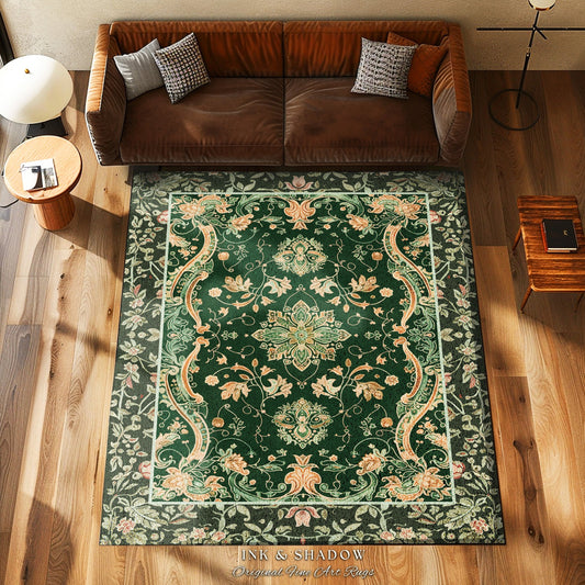 Mystic Cottagecore Accent Rug | Hippie Rug with Emerald Green Detail Beige Boho Aesthetic for Housewarming Gift Vibrant Color Floor Decor |