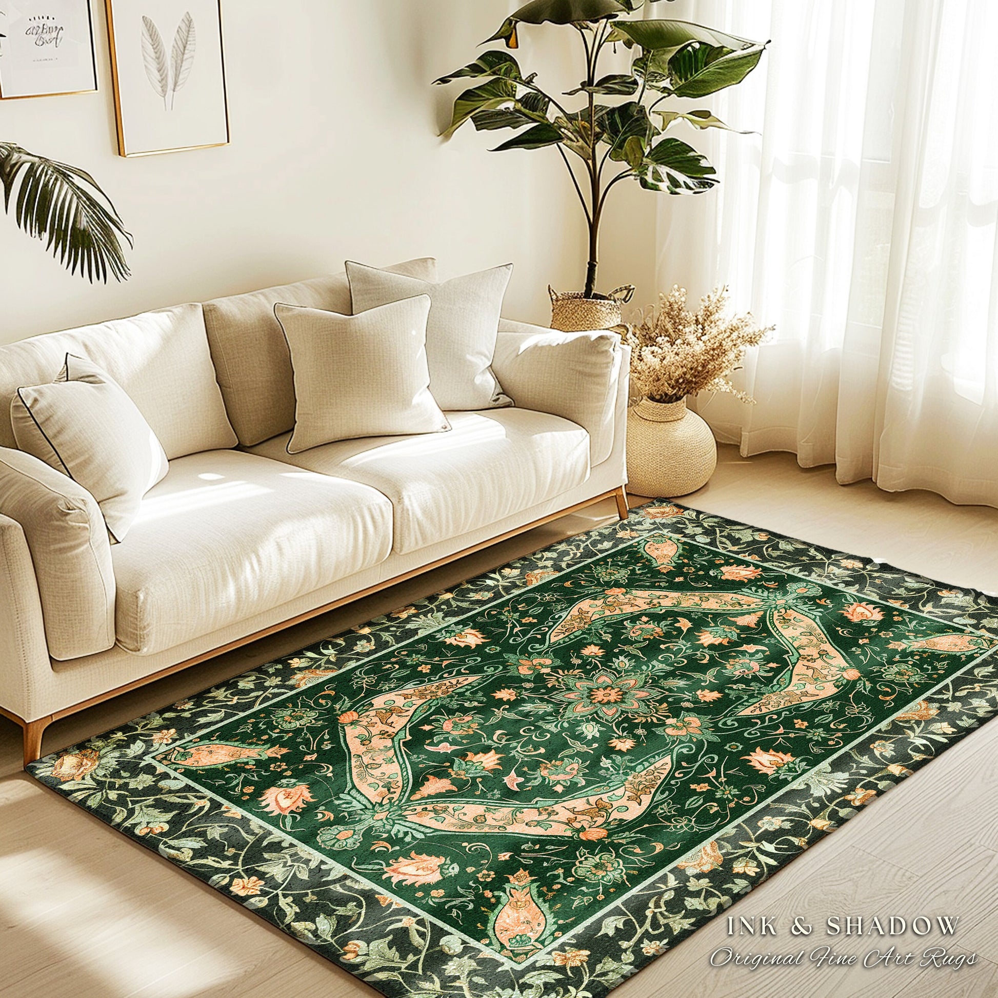 Elegant Sea Green Area Rug | Classic Ornate Statement Rug with Fine Emerald Green Detail Peachy Accent Bohemian Aesthetic for Cozy Bedroom |