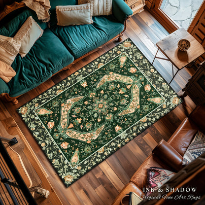 Elegant Sea Green Area Rug | Classic Ornate Statement Rug with Fine Emerald Green Detail Peachy Accent Bohemian Aesthetic for Cozy Bedroom |