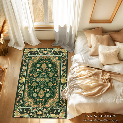 Ornate Emerald Green Accent Rug | Bohemian Style Cottagecore Area Rug Hippie Aesthetic Forest Green Detail Vibrant Color Bedroom Decor Retro