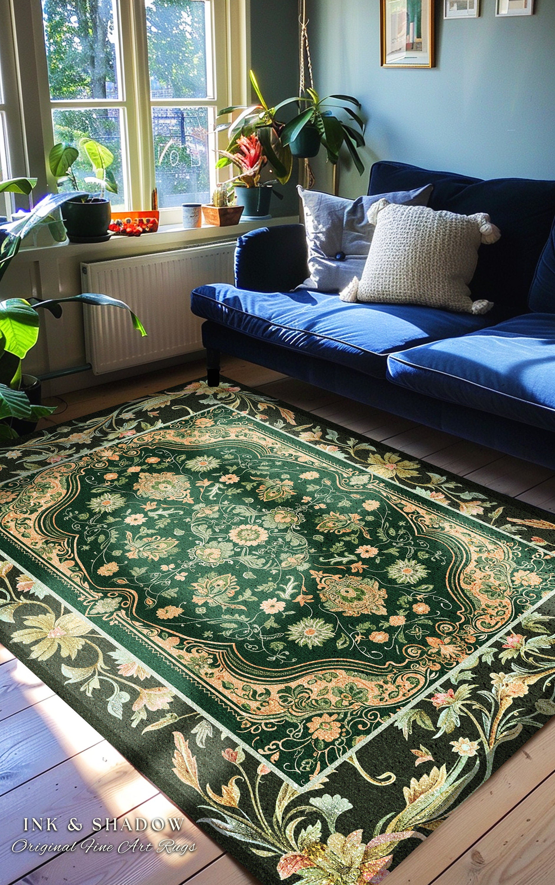 Ornate Emerald Green Round Accent Rug | Bohemian Style Cottagecore Area Rug Hippie Aesthetic Forest Green Detail Vibrant Color Bedroom Decor