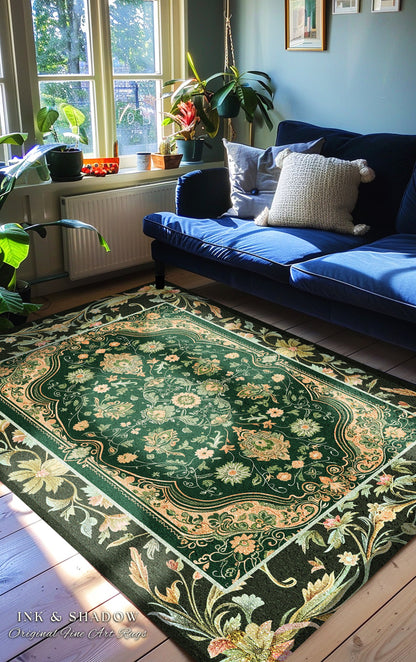 Ornate Emerald Green Round Accent Rug | Bohemian Style Cottagecore Area Rug Hippie Aesthetic Forest Green Detail Vibrant Color Bedroom Decor
