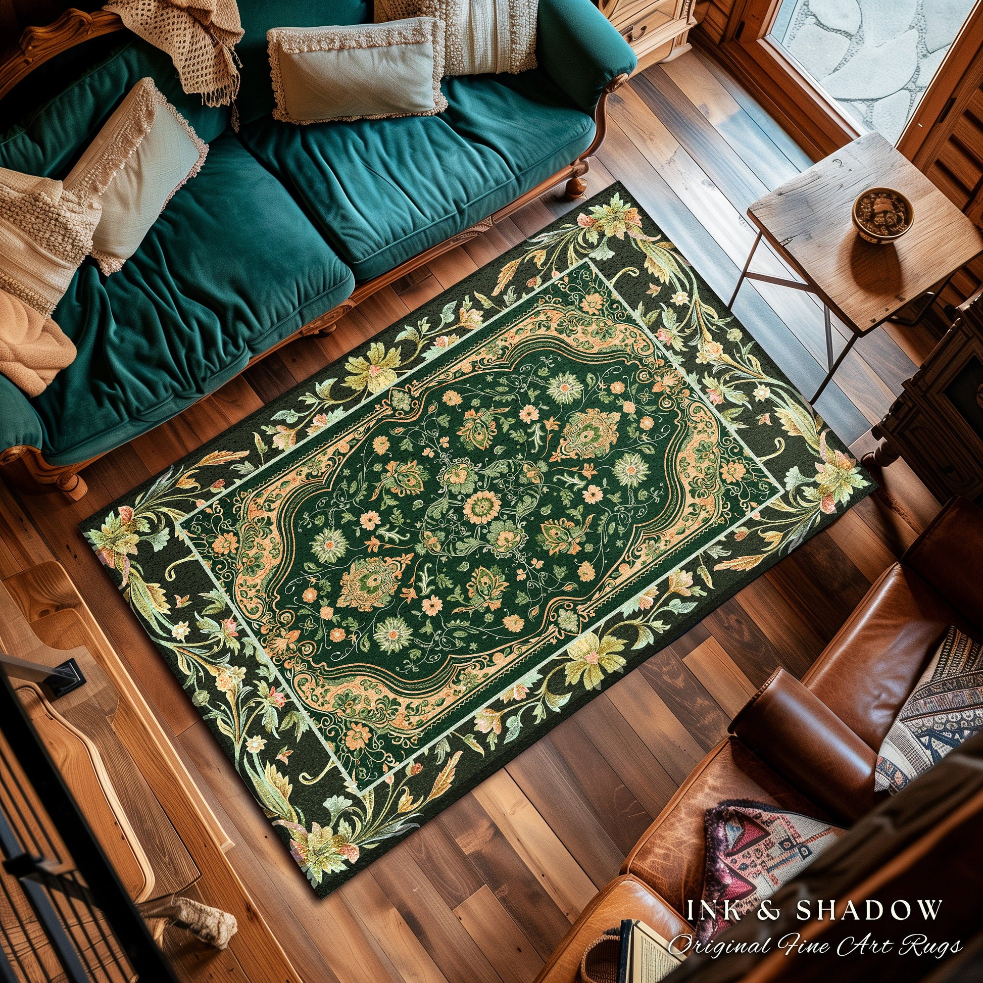 Ornate Emerald Green Round Accent Rug | Bohemian Style Cottagecore Area Rug Hippie Aesthetic Forest Green Detail Vibrant Color Bedroom Decor