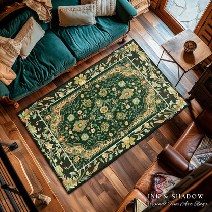 Ornate Emerald Green Round Accent Rug | Bohemian Style Cottagecore Area Rug Hippie Aesthetic Forest Green Detail Vibrant Color Bedroom Decor