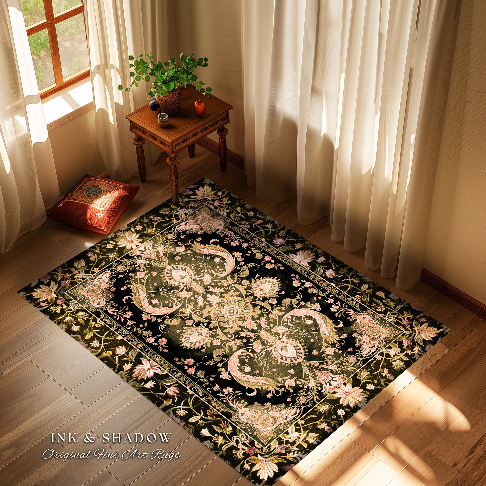 Modern Royal Aesthetic Area Rug | Ethereal Florals Pastel Whimsical Cottagecore Trendy Dark Academia Home Accent Rug Bohemian Retro Art Deco