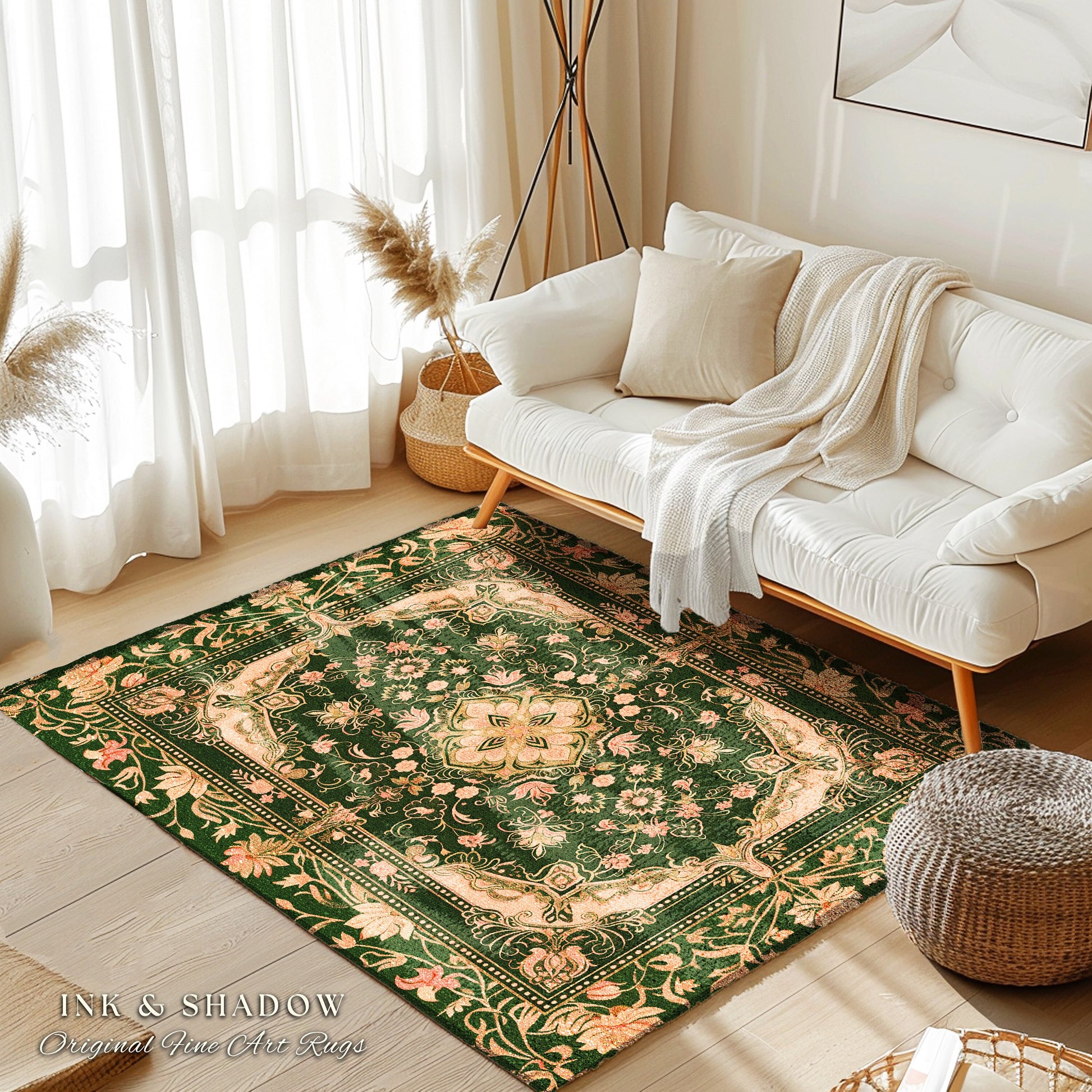 Mystic Florals Boho Pastel Accent Rug | Whimsical Cottagecore Dark Academia Baroque Home Accent Rug Bohemian Art Deco Peach Colors Decor |