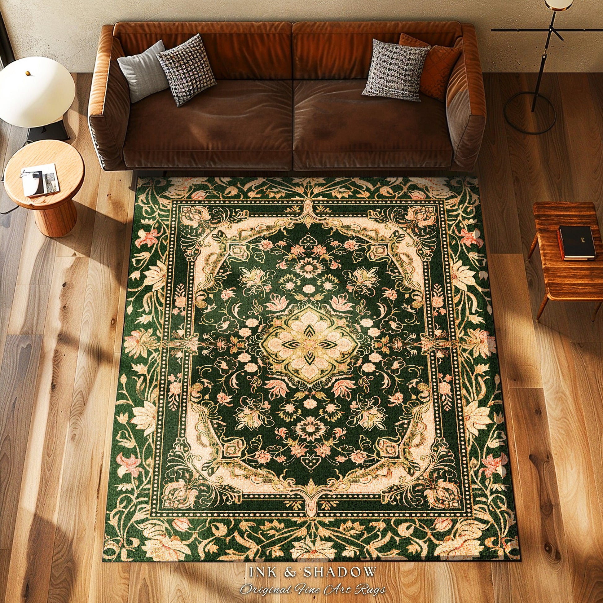 Mystic Florals Boho Pastel Round Accent Rug | Whimsical Cottagecore Dark Academia Baroque Home Accent Rug Bohemian Decor Peach Colors Decor