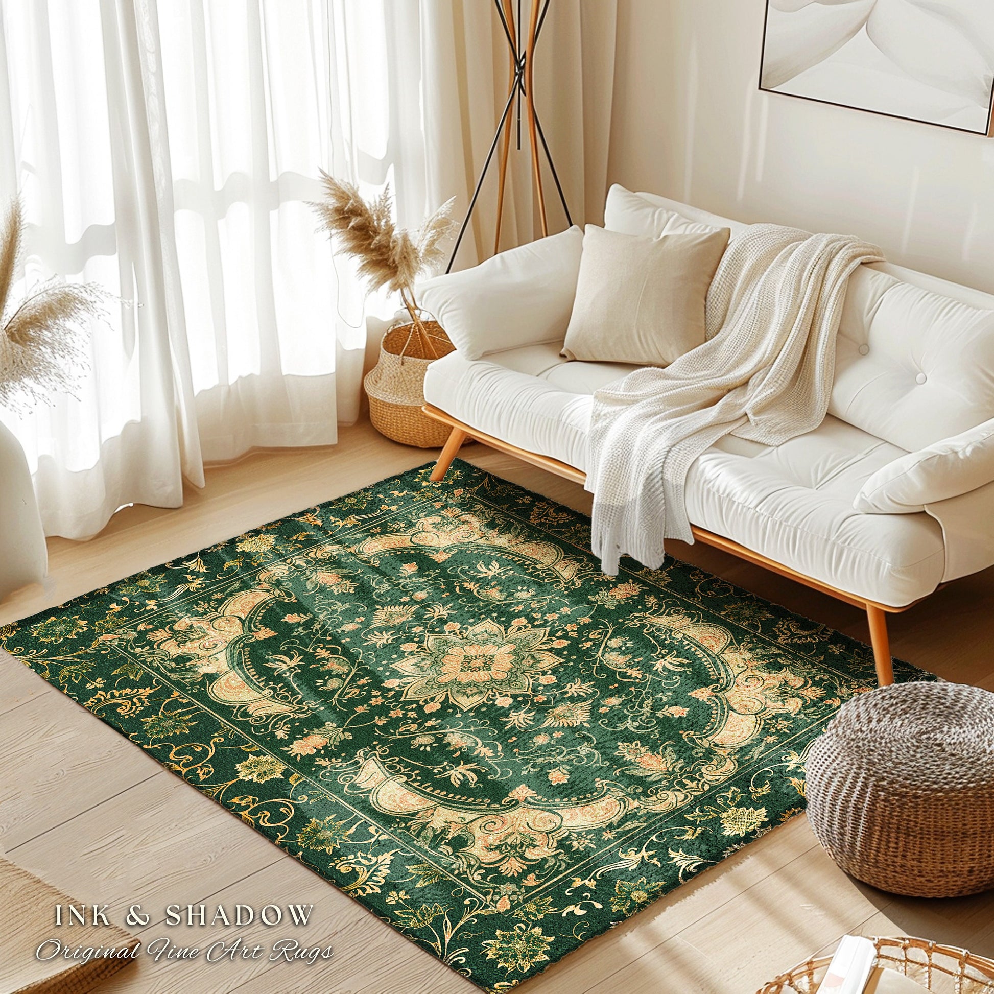 Dark Rich Forest Green Area Rug | Floral Elegance Ornate Bohemian Style Accent Rug Baroque Aesthetic Emerald Green Detail Vibrant Colors |