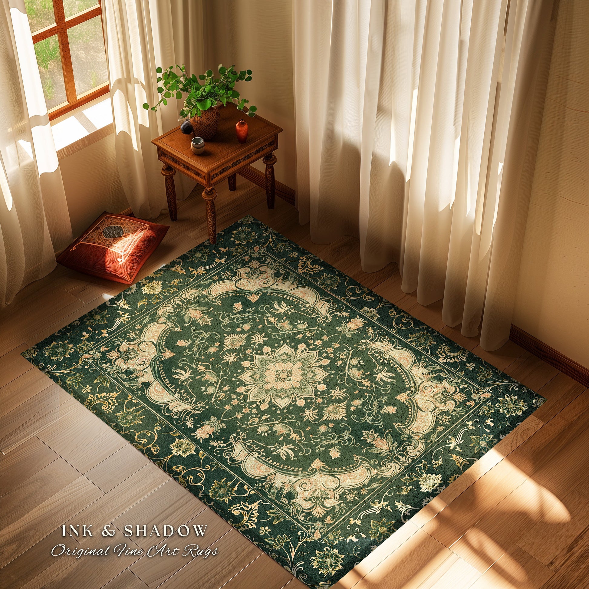 Dark Rich Forest Green Area Rug | Floral Elegance Ornate Bohemian Style Accent Rug Baroque Aesthetic Emerald Green Detail Vibrant Colors |