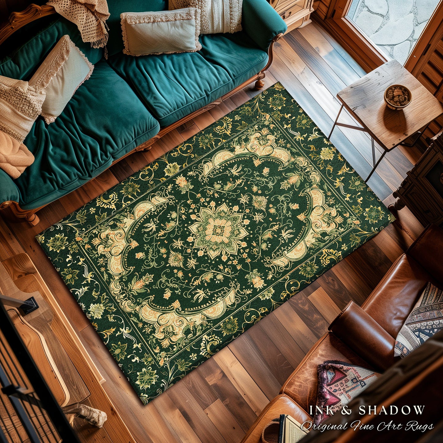 Dark Rich Forest Green Area Rug | Floral Elegance Ornate Bohemian Style Accent Rug Baroque Aesthetic Emerald Green Detail Vibrant Colors |