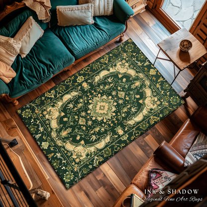 Dark Rich Forest Green Area Rug | Floral Elegance Ornate Bohemian Style Accent Rug Baroque Aesthetic Emerald Green Detail Vibrant Colors |