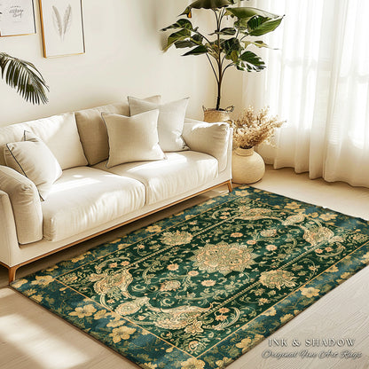 Victorian Botanical Medallion Emerald Green Rug Antique Rose Gold Floral Art Nuevo Accents, Vintage Cottagecore Elegant Persian Home Charm