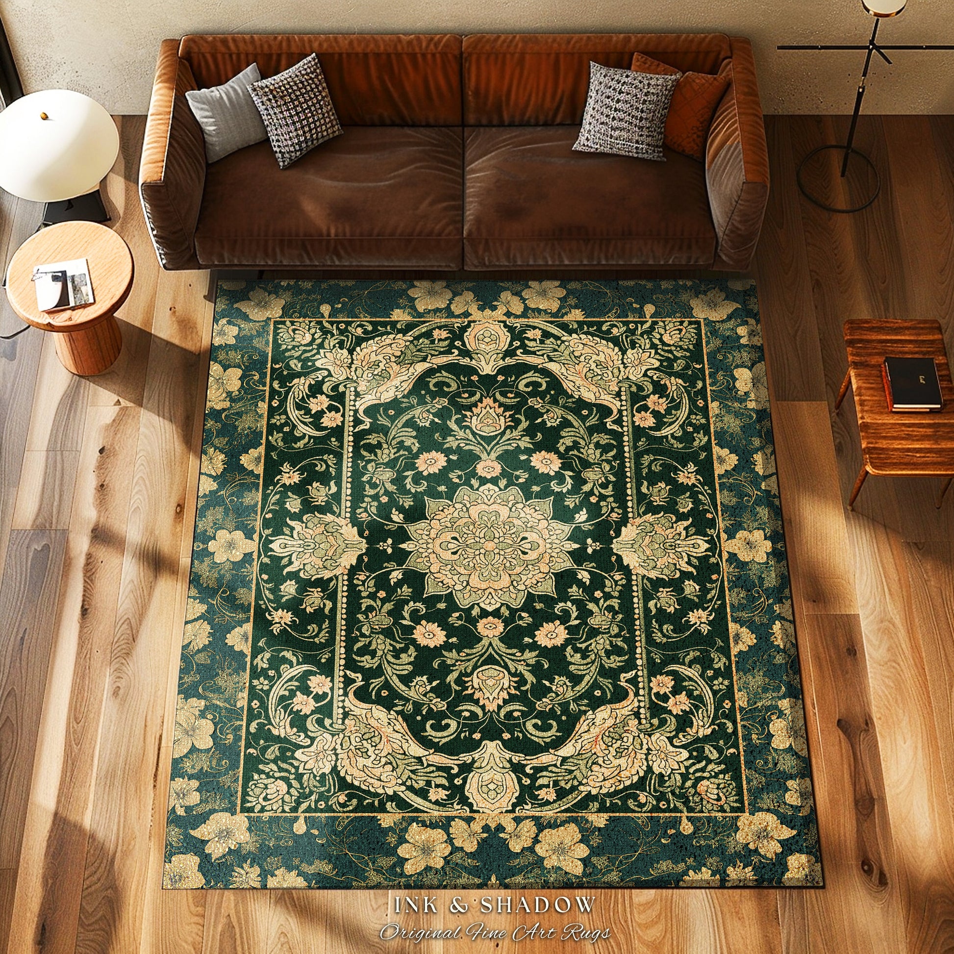 Victorian Botanical Medallion Emerald Green Rug Antique Rose Gold Floral Art Nuevo Accents, Vintage Cottagecore Elegant Persian Home Charm