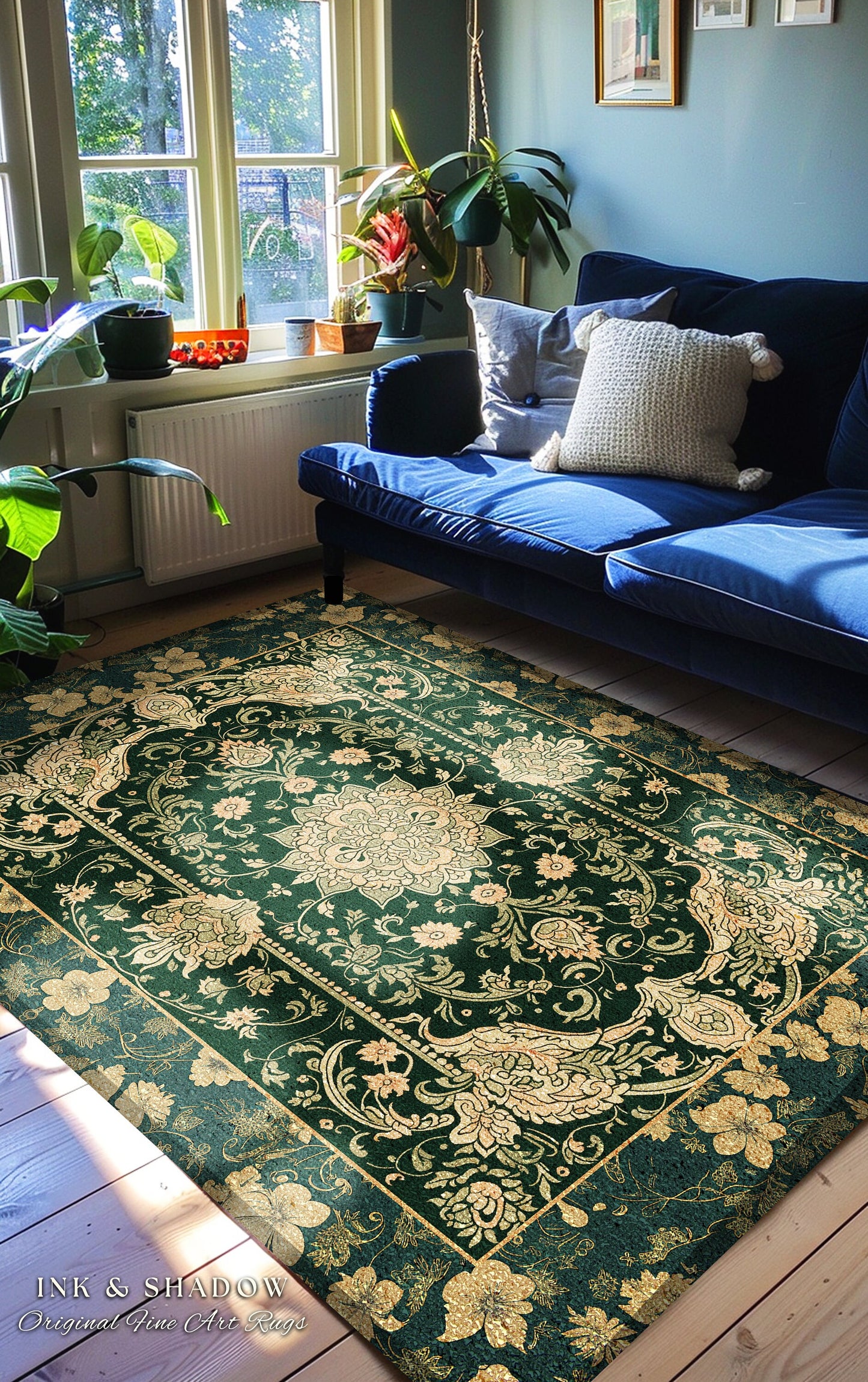 Victorian Botanical Medallion Emerald Green Rug Antique Rose Gold Floral Art Nuevo Accents, Vintage Cottagecore Elegant Persian Home Charm