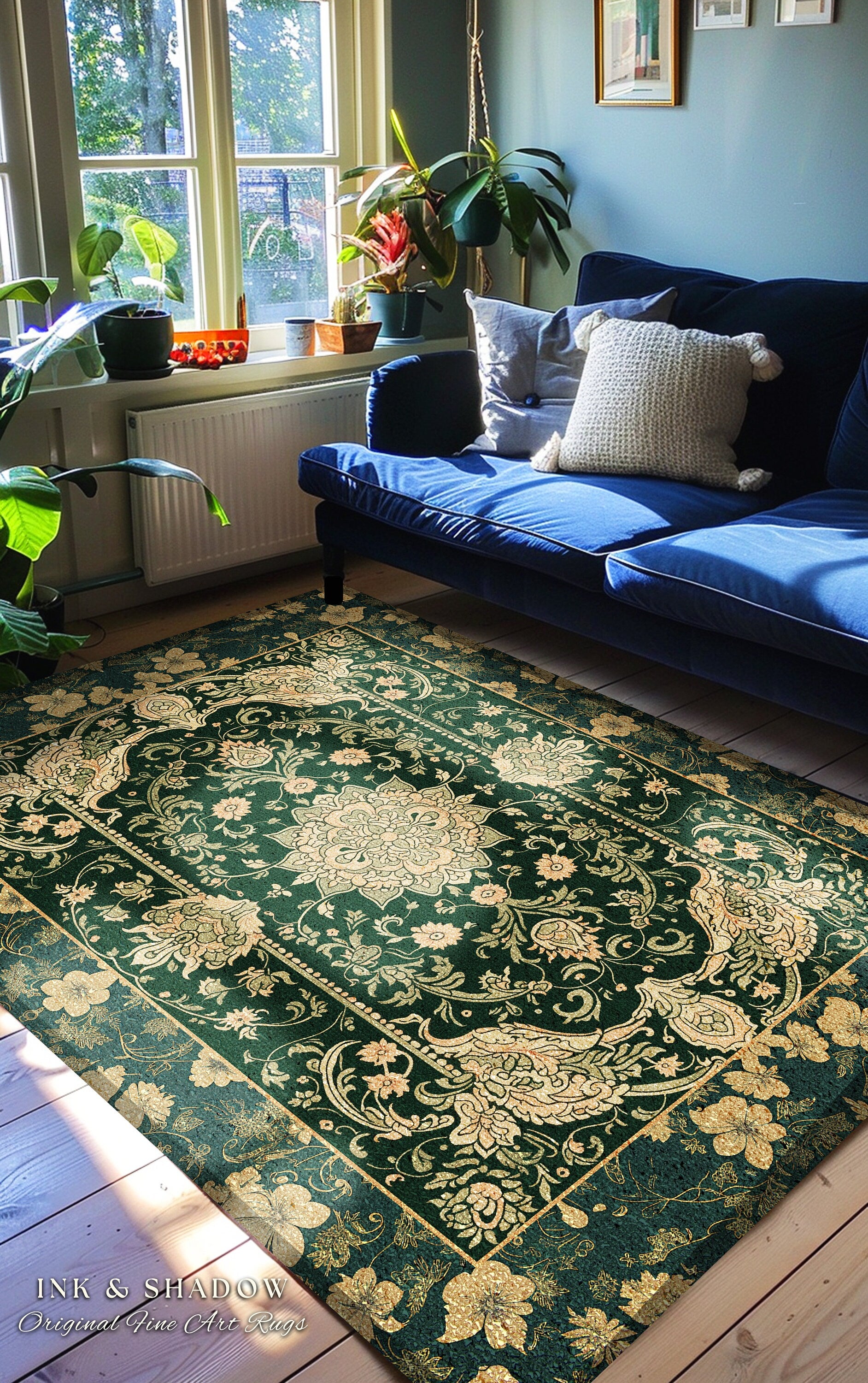 Victorian Botanical Medallion Emerald Green Rug Antique Rose Gold Floral Art Nuevo Accents, Vintage Cottagecore Elegant Persian Home Charm